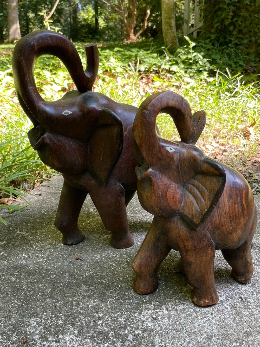 Vintage‎ LARGE Carved Wooden African Elephants Pair Trunks Up BIG and HEAVY